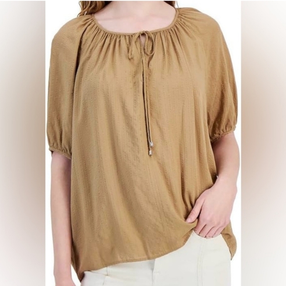 Tommy Hilfiger Tops - TOMMY HILFIGER  Fire Island Tie Neck Striped Blouse Tan88% Viscose